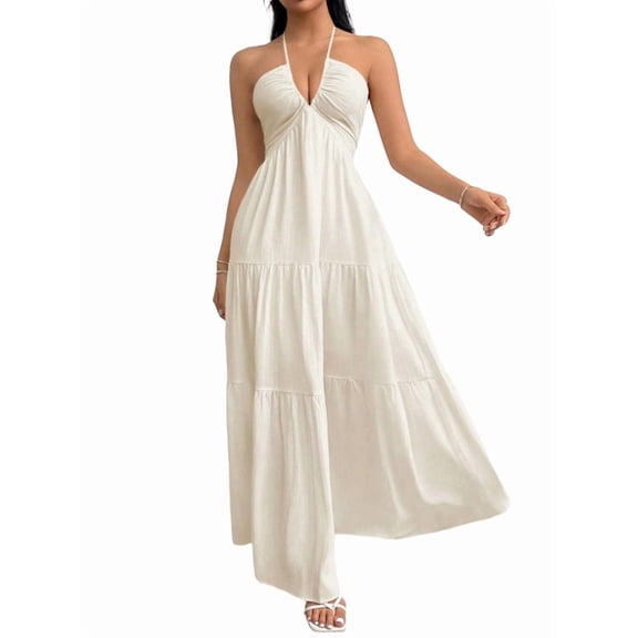 Women'S Maxi Summer Dresses Halter V Neck Beach Dresses for Women A-Line Casual Dress for Vacation XS