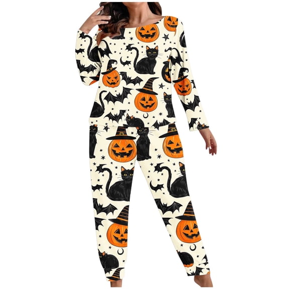 NSLGXD Vintage Halloween Pajamas for Women Plus Size Cute Pumpkin Print 2 Piece Lounge Sets Sleepwear Loungewear Casual Pjs Outfits XL-5XL