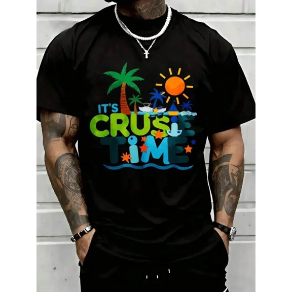 New Popular Fashionable Casual Men's T-Shirt Men's Cruise Black T - Shirt, It's Cruise Time Vacation Graphic Print, Casual Round - Neck Short - Sleeve For Traveler & Daily Outings
