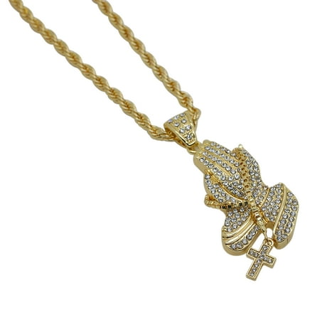 - Gold-Plated Iced Out Hip Hop Bling Praying Hands with Cross Rosary Pendant and Rope Chain 24