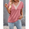 thumbnail image 2 of Women's Casual Cap Sleeve Lace Trim V Neck Tops 2023 Summer Loose Tee Shirts Blouse, 2 of 16