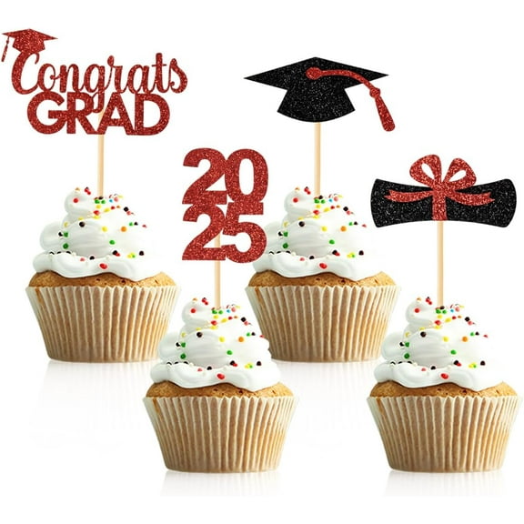 12pcs Graduation Cupcake Toppers Red Glitter Class of 2025 Diploma Congrats Grad Cupcake Picks for Graduation Party Cake Decorations…