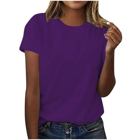 JGGSPWM Womens Casual Short Sleeve Crewneck T Shirts Classic Summer Basic Tees Purple XL