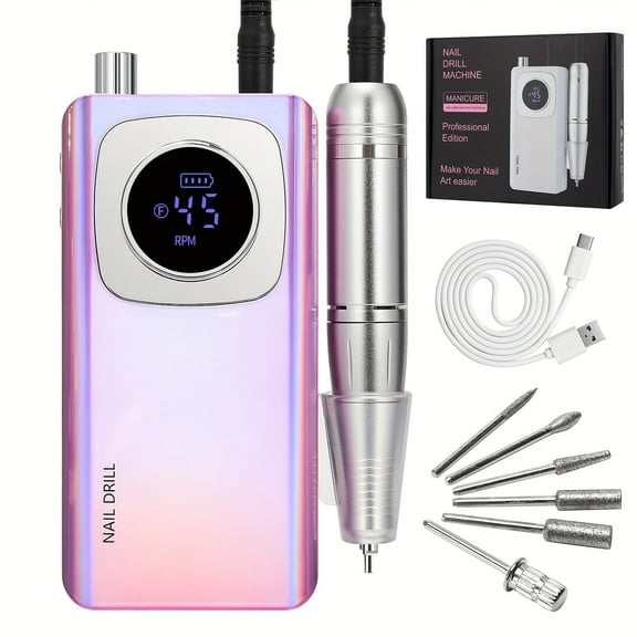 PRYZUNA Cordless Nail Drill – 45002 RPM Rechargeable Electric Nail File with LCD, Easy to Use for Acrylic, Gel & DIY Nails