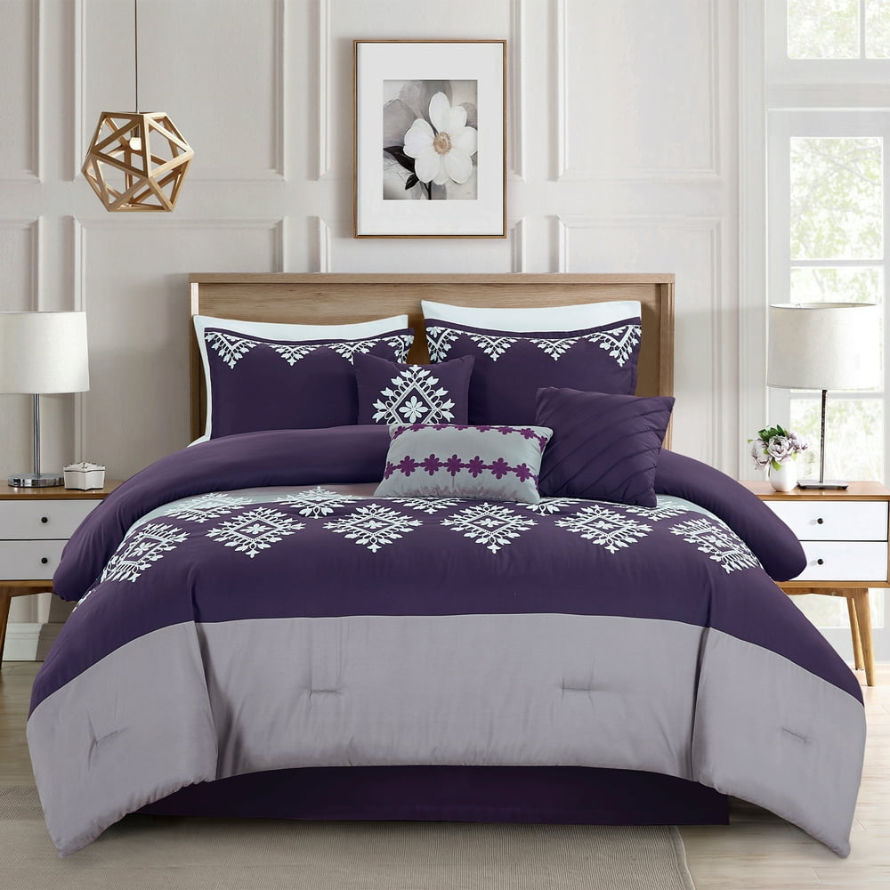 JML 7 pieces Comforter Set Bed in A Bag, Cal King Size, Embroidery