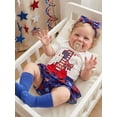 thumbnail image 5 of Lairauiy Toddler Baby Girls 4th of July Outfits 3 6 9 12 18 Months Letter Bow Print Short Sleeves Romper and Layered Ruffles Shorts Cute Headband Socks, 5 of 9
