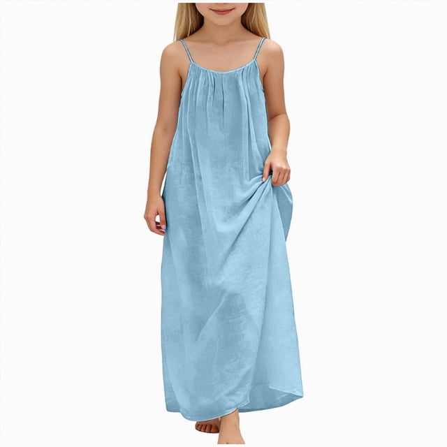 NIEWTR Robe Décontractée Tissée pour Tout-Petits et Bébés Filles à Larges Bretelles, Robe Soleil Fluide pour les Journées d'Été (Bleu Ciel, 9-10 Ans)