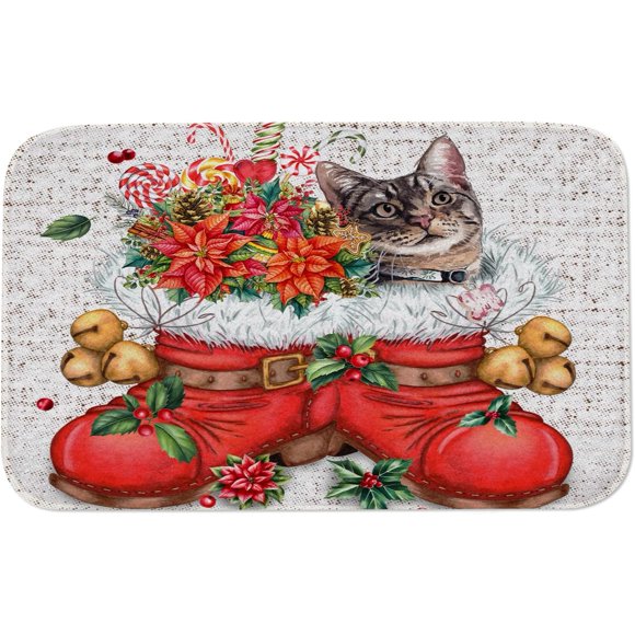 Royalours Xmas Boot Cat Print Bath Mat, Merry Christmas Kitty Retro Mistletoe Tinkle Bell Long Plush Bathroom Winter Holiday Decor Mat with Non Slip Backing, 19.5" x 31.5"