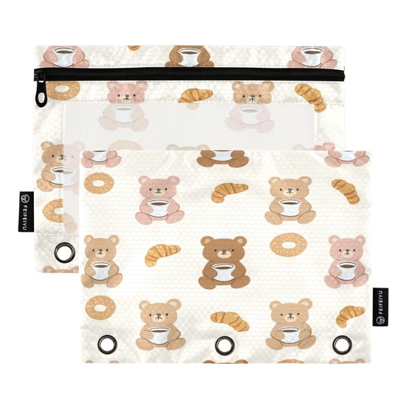 2 Pack 3 Ring Binder Pouch with Clear PVC Window Water Resistant Zipper Pencil Pouch Cute Teddy Bear Pattern Binder Pocket for Classroom Office Home Stationery Organization