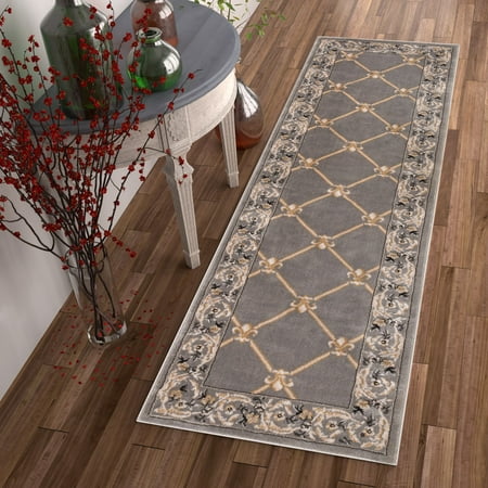 French Trellis Patrician Trellis Grey Lattice Area Rug European French Formal Traditional Area Rug 3' x 12' Runner Easy Clean Stain Fade Resistant Shed Free Classic Contemporary Thick Soft Plush Living Dining Room ()