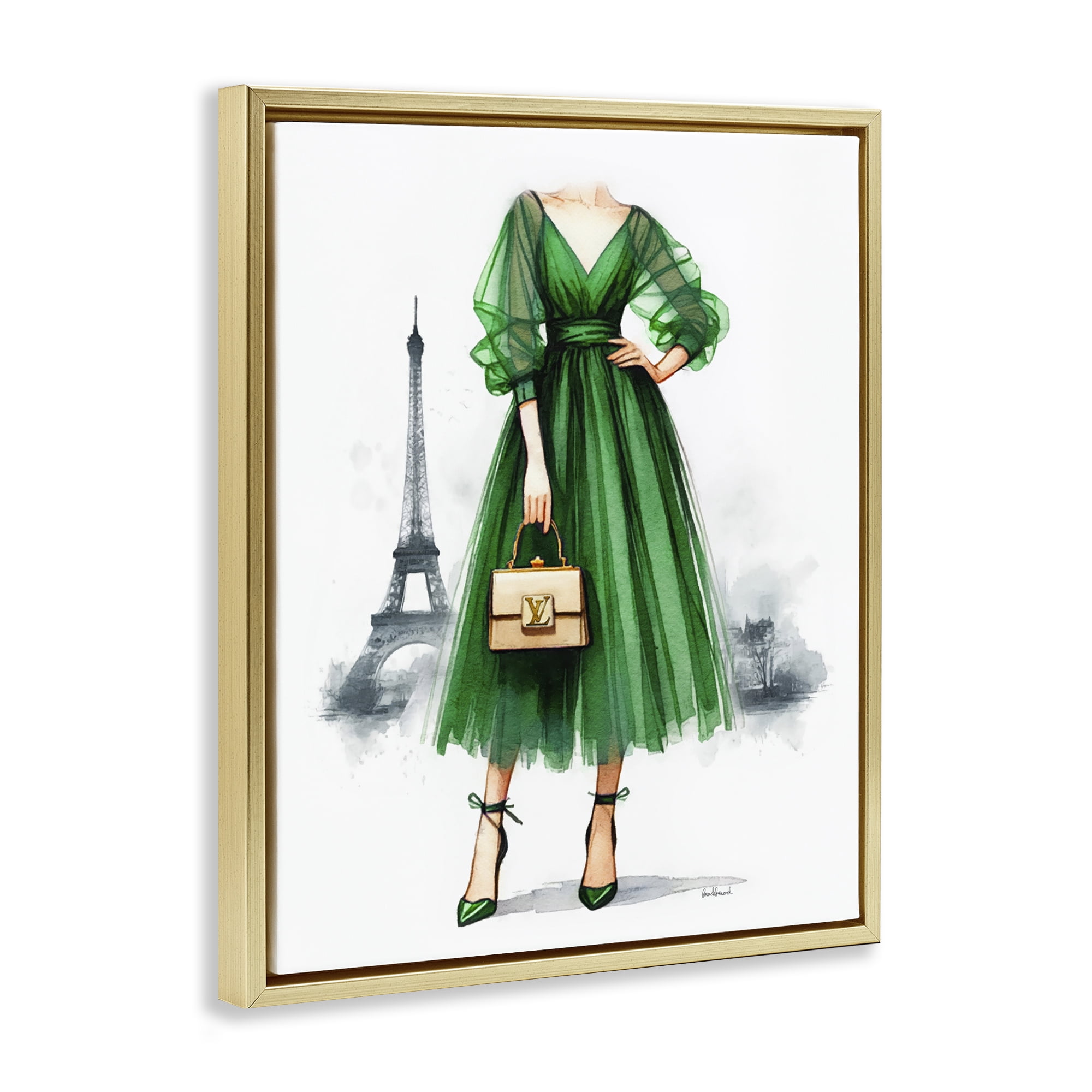 Stupell Industries Parisian Girl Fashion Fashion Painting Gold Floater Framed Canvas Art Print Wall Art, 25 x 31