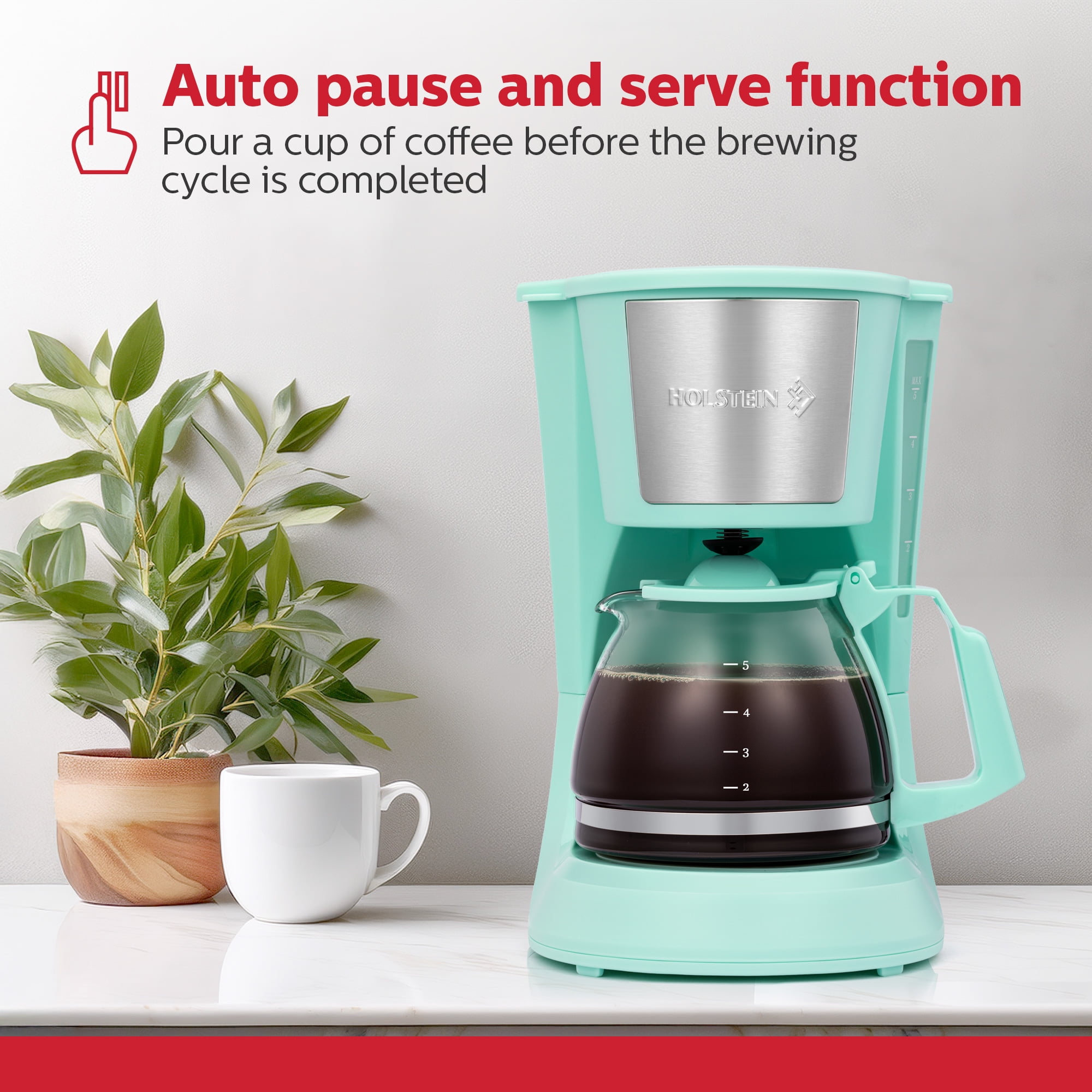 Holstein Housewares 5 Cup Drip Coffee Maker - Mint- Auto Pause and Serve, Removable Filter Basket, and Full View Water Window - Perfect for Brewing Rich-Tasting Coffee at Home
