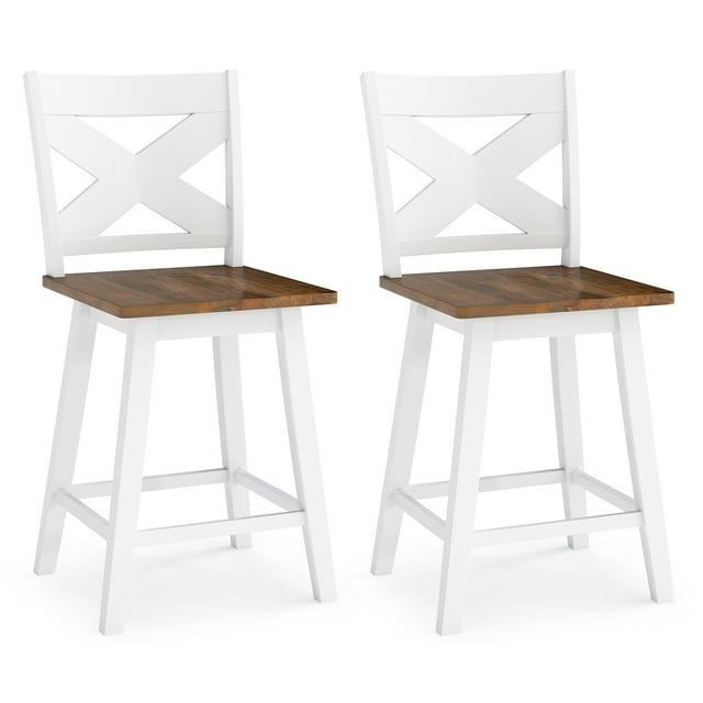 Gymax 24'' Swivel Barstools Set of 2 w/Backrest Large Seat Footrest for Kitchen Island White & Walnut