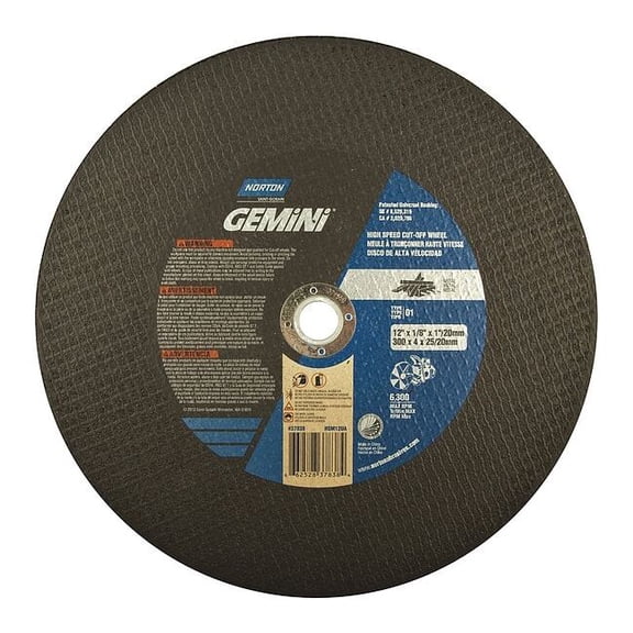 Abrasive Cut-Off Wheel, Type 1, 12 in Dia, 0.125 in Thick, 1 in, 20 mm Arbor Hole Size, 24 Grit