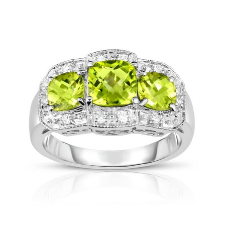 - 14k White Gold Cushion Peridot and Diamond (0.15 Ct, G-H, SI2) Cocktail Ring