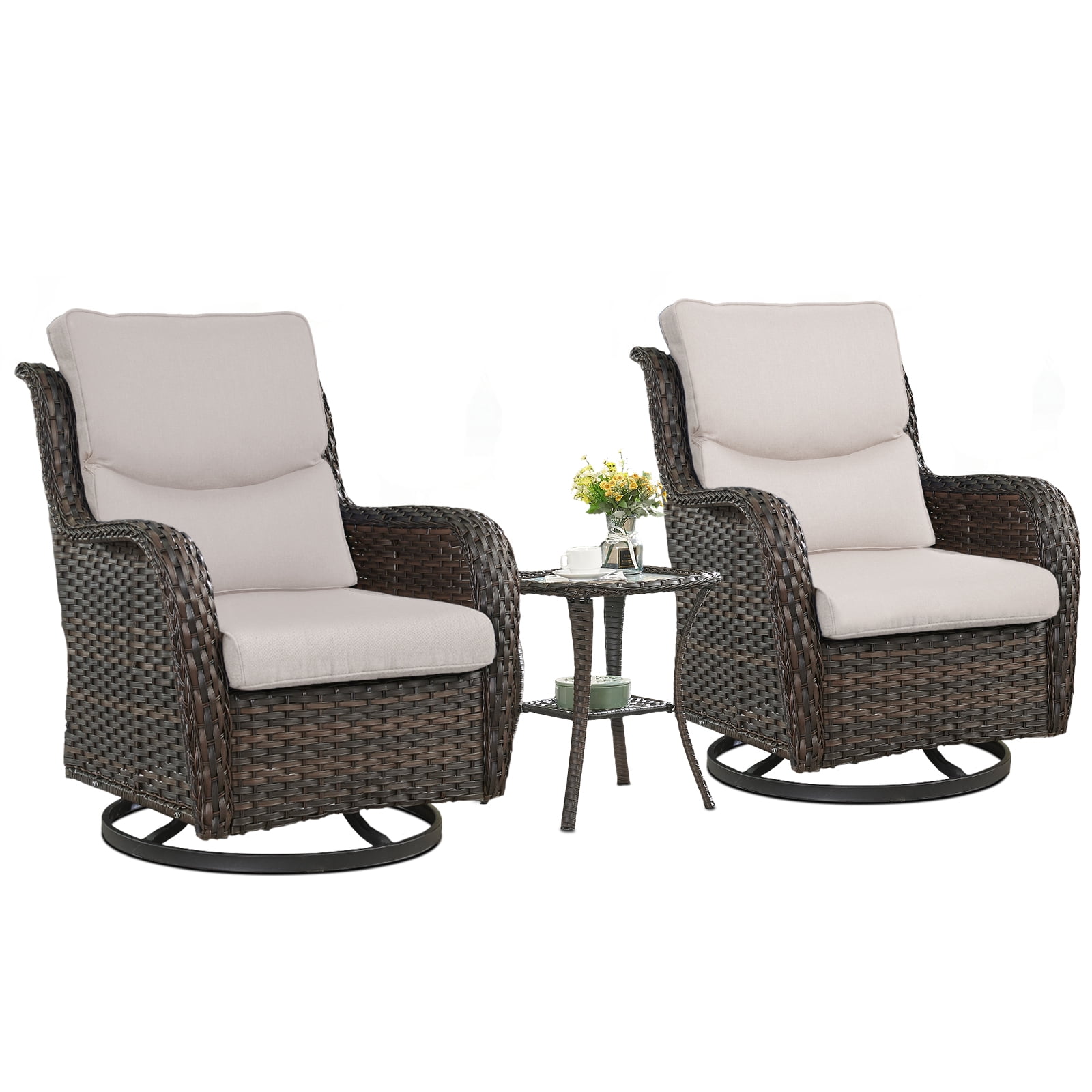 Gymojoy 3 Pieces Patio Furniture Set, Outdoor Swivel Gliders Rocker, Wicker Patio Bistro Set with Rattan Rocking Chair for Backyard,Porch( Beige)