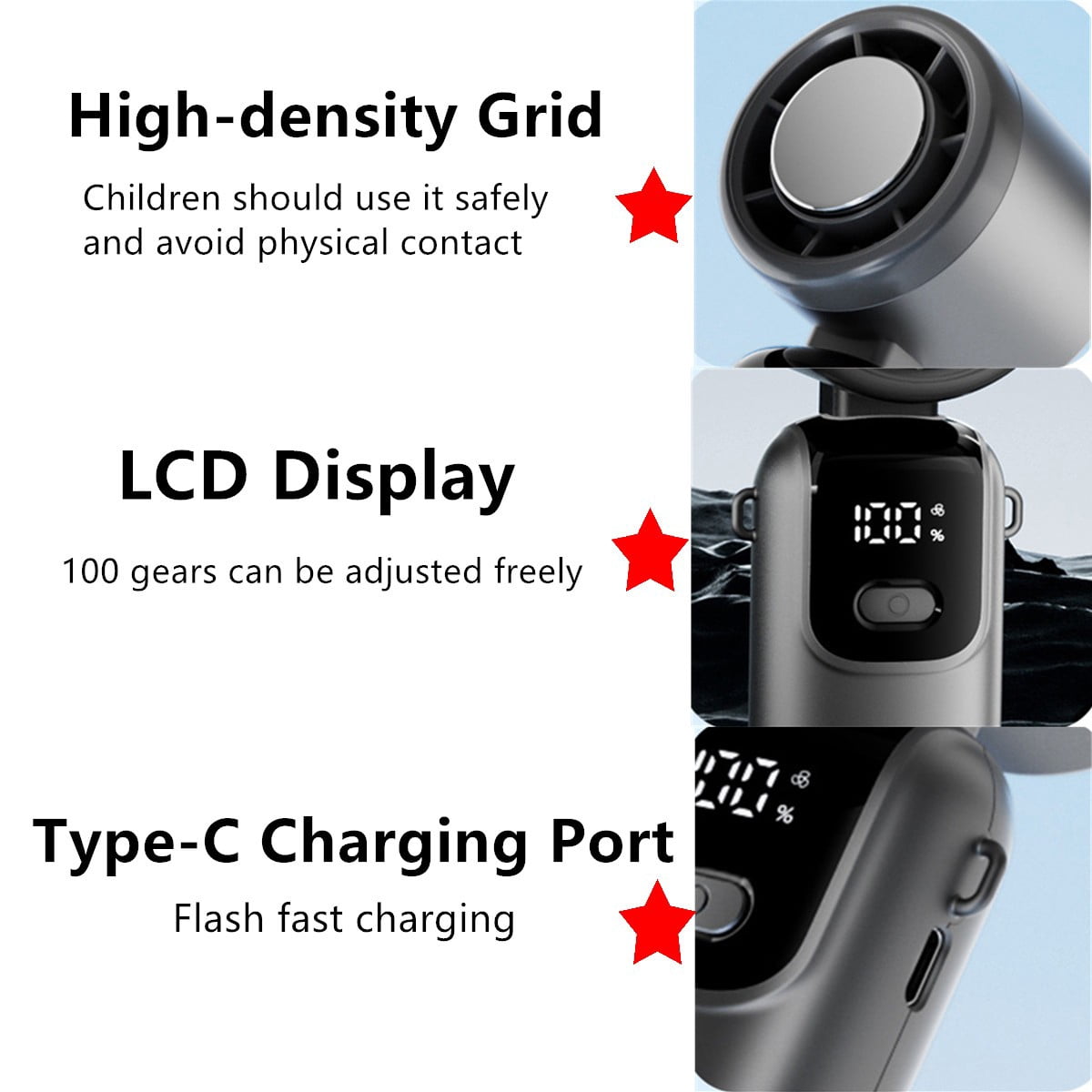 Semiconductor Cooling Handheld Turbo Fan, 5 Blades 33ft/s Wind, 1-100 Stepless Speed, LED Digital Display 90° Foldable Portable Mini Fan with Lanyard for Travel Desk Neck