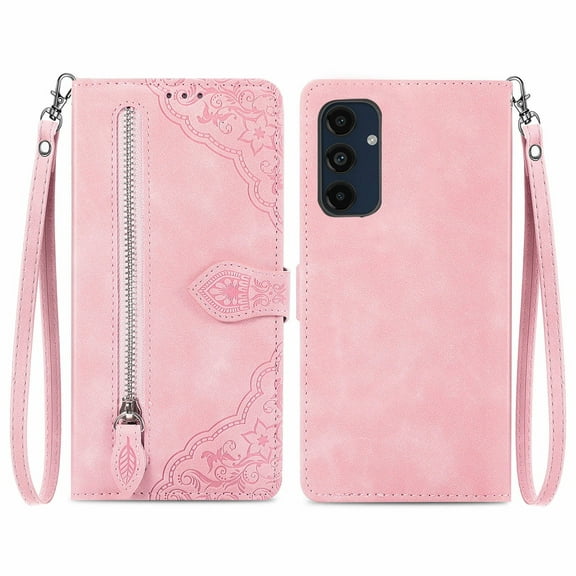 Phone Case for Samsung Galaxy A16 5G, Shockproof PU Leather Wallet Case with Card Slots Anti-Scratch Stand Magnetic Flip Zipper Pocket Cover for Samsung Galaxy A16 5G, Pink