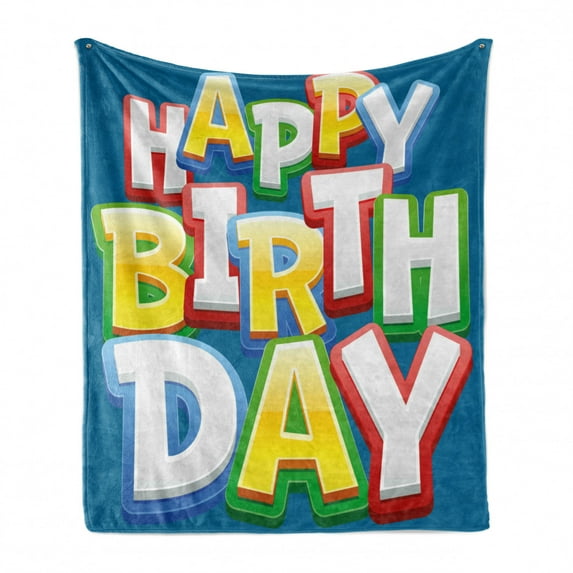 Birthday Party Soft Flannel Fleece Blanket, Rainbow Colored Happy Birthday Words Typography on Blue Color Backdrop Print, Cozy Plush for Indoor and Outdoor Use, 60" x 80", Multicolor, by Ambesonne