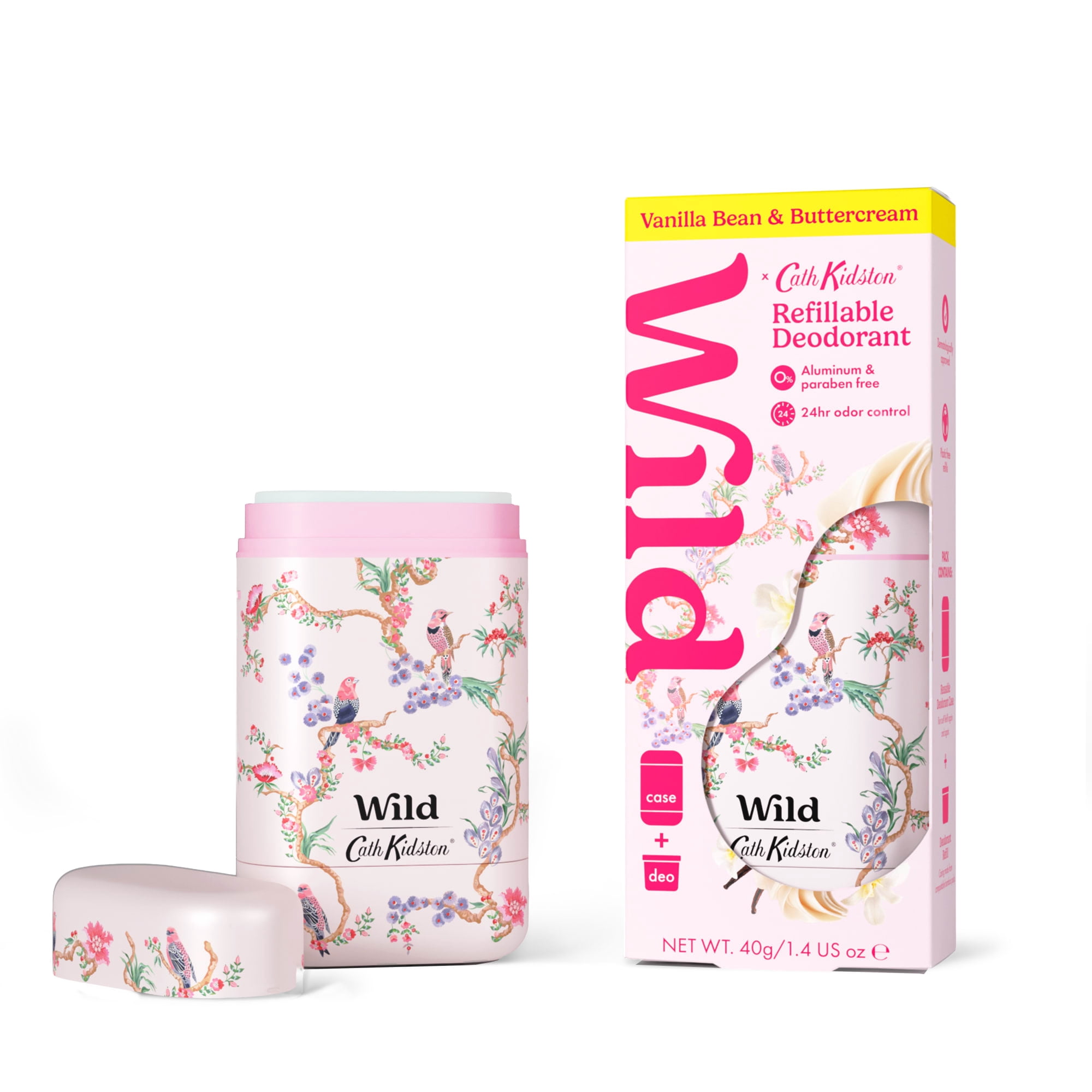 Wild Refillable Deodorant Starter Pack – Aluminum Free. Cath Kidston Birds & Berries Case + Vanilla Bean & Buttercream Refill, for Women and Men, 1.4oz