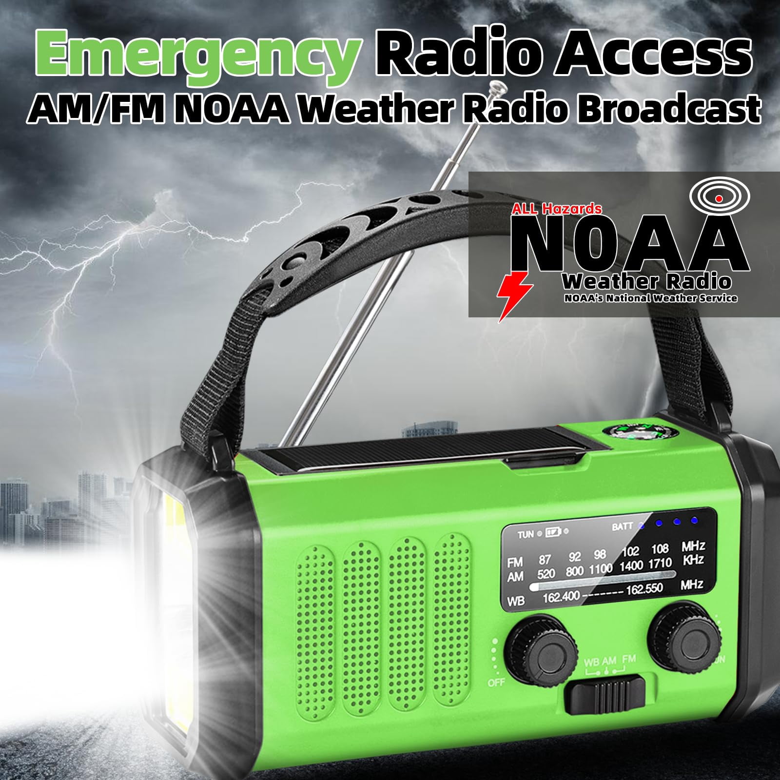Hand Crank Emergency Radio 37000mwhsolar Portable Noaa Am Fm Weather With 3mode Flashlight And Reading Light Cell Phone Home Distress Signal (green)