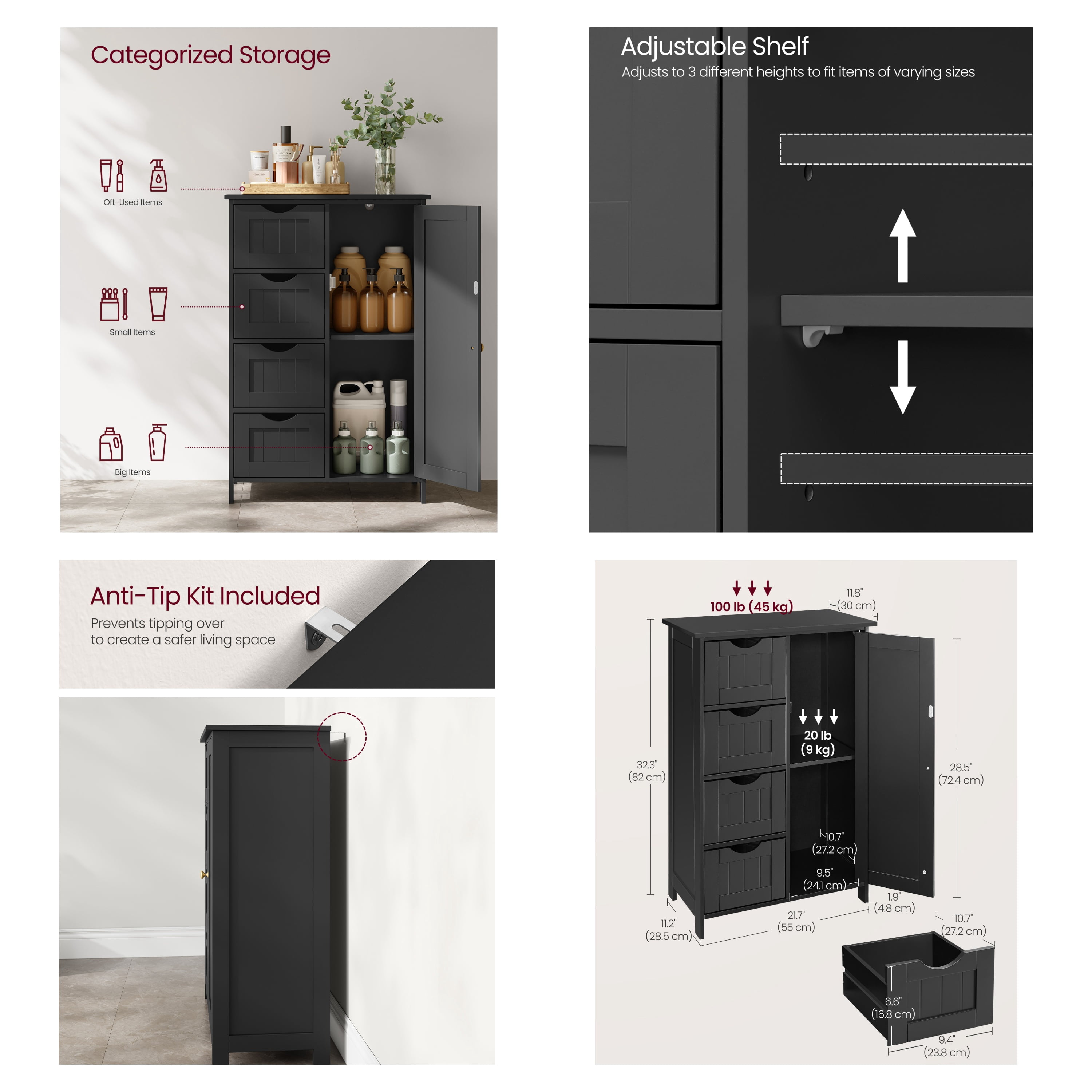 Ledrem Black Freestanding Storage Unit, 1-Door Cupboard with Adjustable Shelves