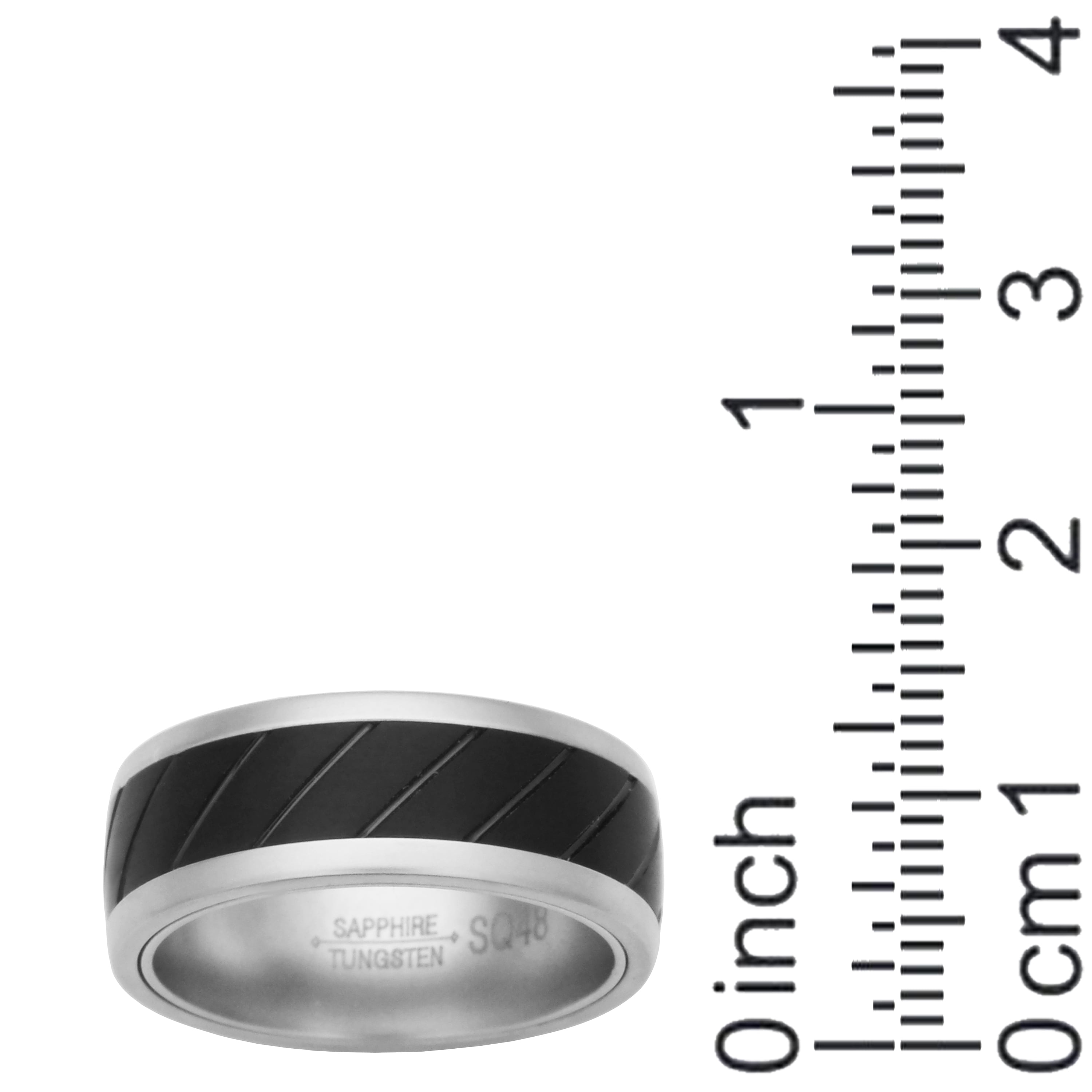 Sapphire Tungsten and Titanium 8mm Matte Finish with Etched Black Inlay Comfort Fit Wedding Bands Rings for Men, Size 11.5