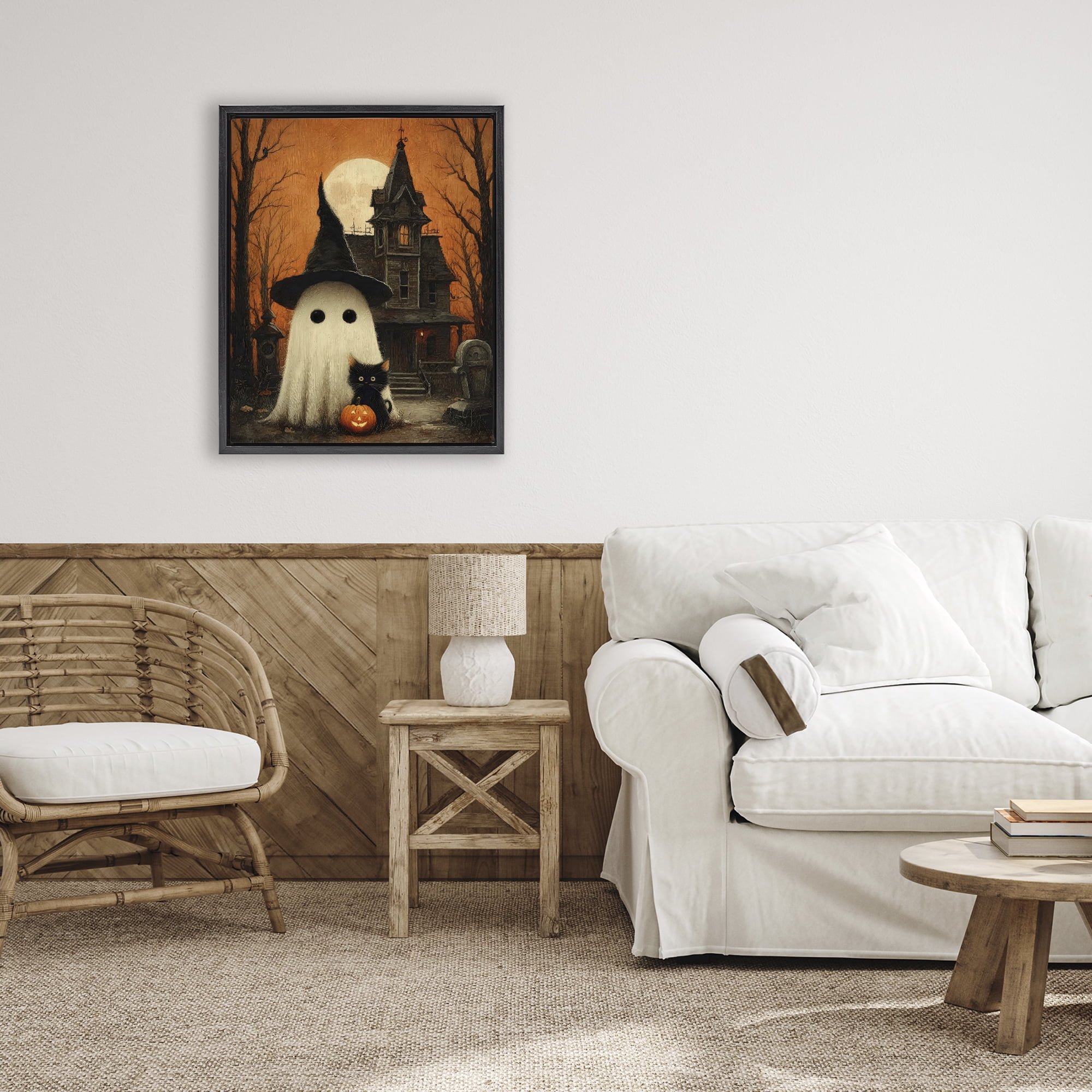 Cute Ghost & Haunted House Black Framed Floater Canvas Wall Art, design by Arlington Prints