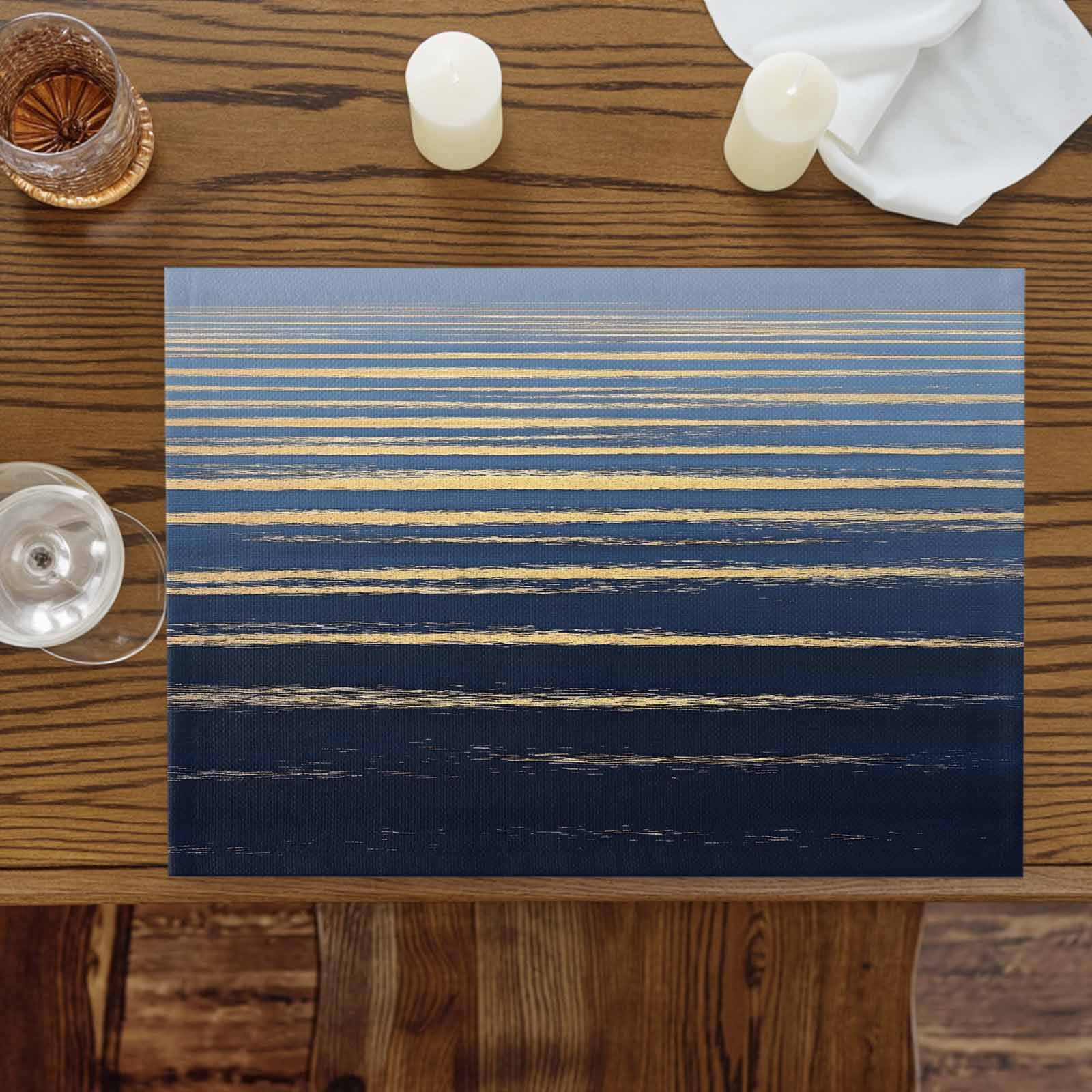 Abstract Golden Placemats Set of 4 Water Wave Blue Ocean Sunrise Horizon Place Mats Washable Table Mats for Party Kitchen Dining Decoration, 13 X 19 Inch