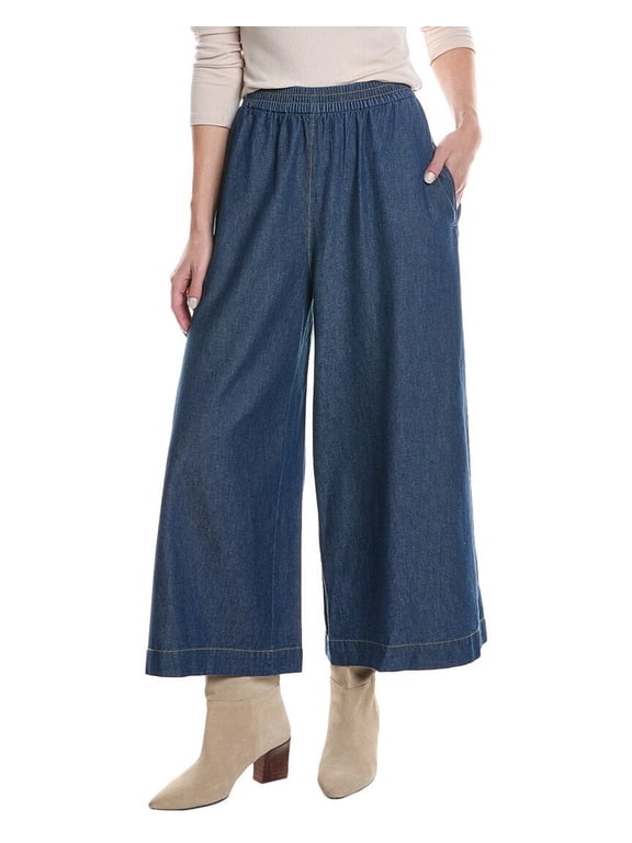 Wide-Leg Cropped Pants Women's S Classic Navy Elastic Waist Pull-On