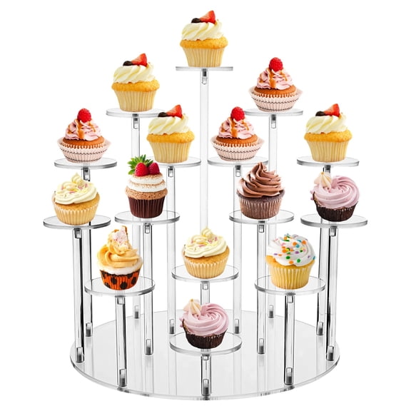 Cupcake Stand with LED Lights, 6 Tier Round Acrylic Dessert Tower, Clear Display Holder for Wedding Party, 11.8 inch Base Cake Stand with String Lights Decoration