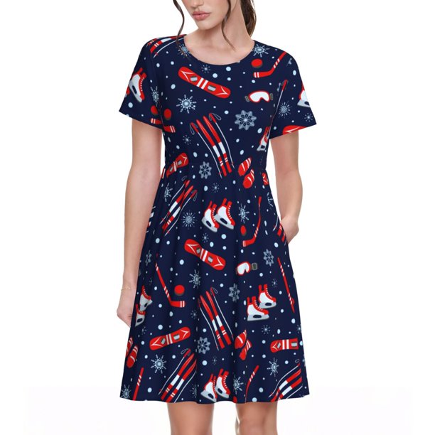 Disketp Winter Sports Fun Pattern para Vestido de Manga Corta para Mujeres, Vestidos de Verano para Mujeres, Casual y Holgado para la Playa