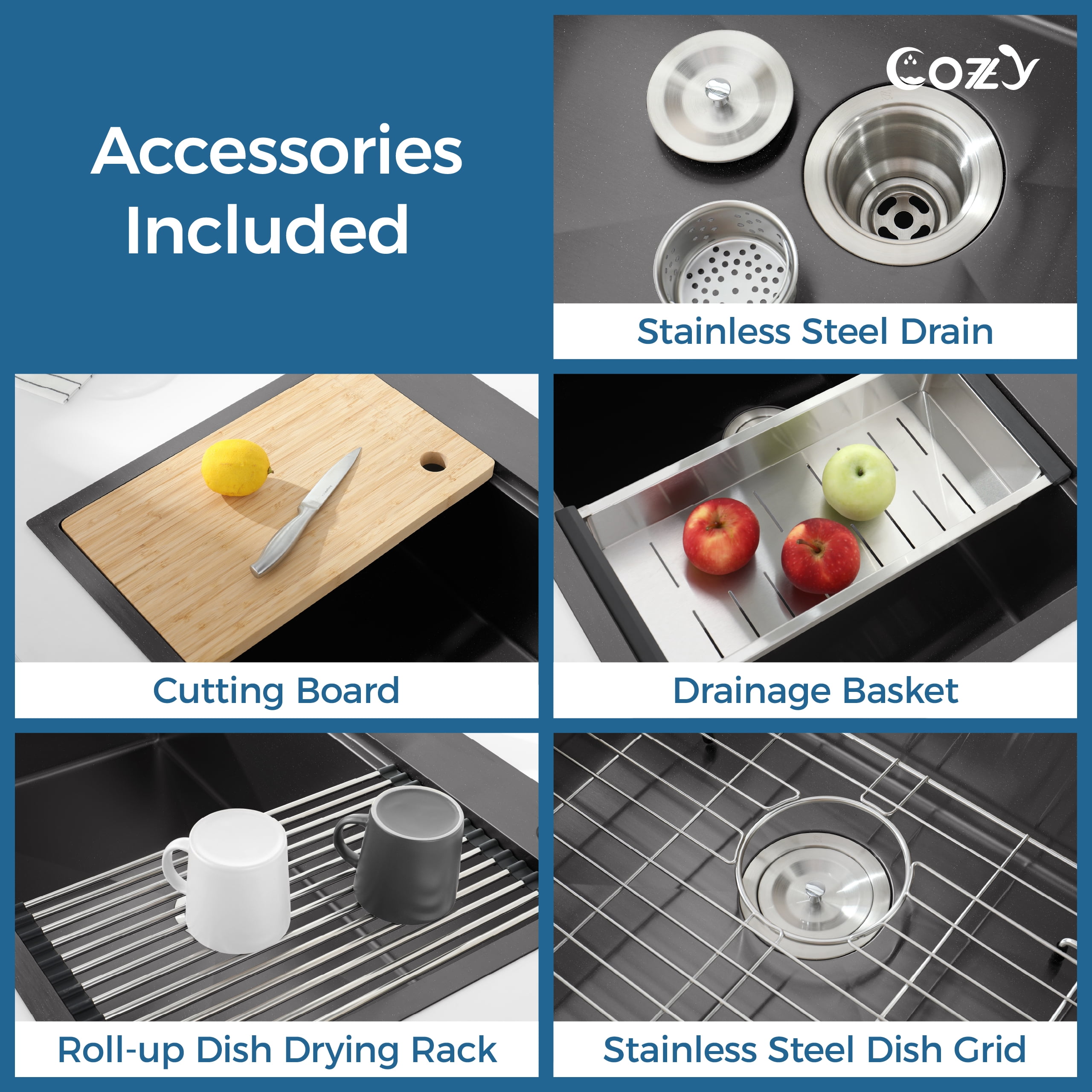 COZY Stainless Steel Kitchen Sink, Single Bowl, Overmount Handmade Sink, with US Standard Drain and Hook.
