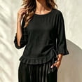 thumbnail image 5 of thefmos Women's Fall 3/4 Sleeve Ruffle Blouses Round Neck Drawstring Ruched Tops Casual Boho Pullover Shirts Solid Fashion Clothes for Vacation, Black L, 5 of 6