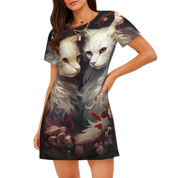 Fotbe Flower Cat Couple Bata de Dormir para Mujer con Estampado, Camisón de Algodón de Manga Corta, Ropa de Dormir Casual