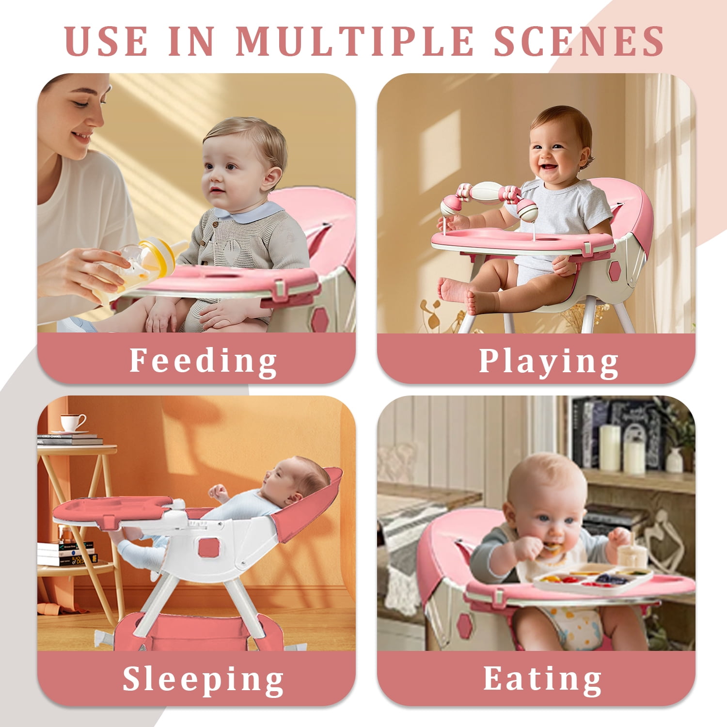 KFeng 4-in-1 Foldable Baby High Chair,Combines Play and Dining, Adjustable Dual-layer Tray and Backrest, Pink