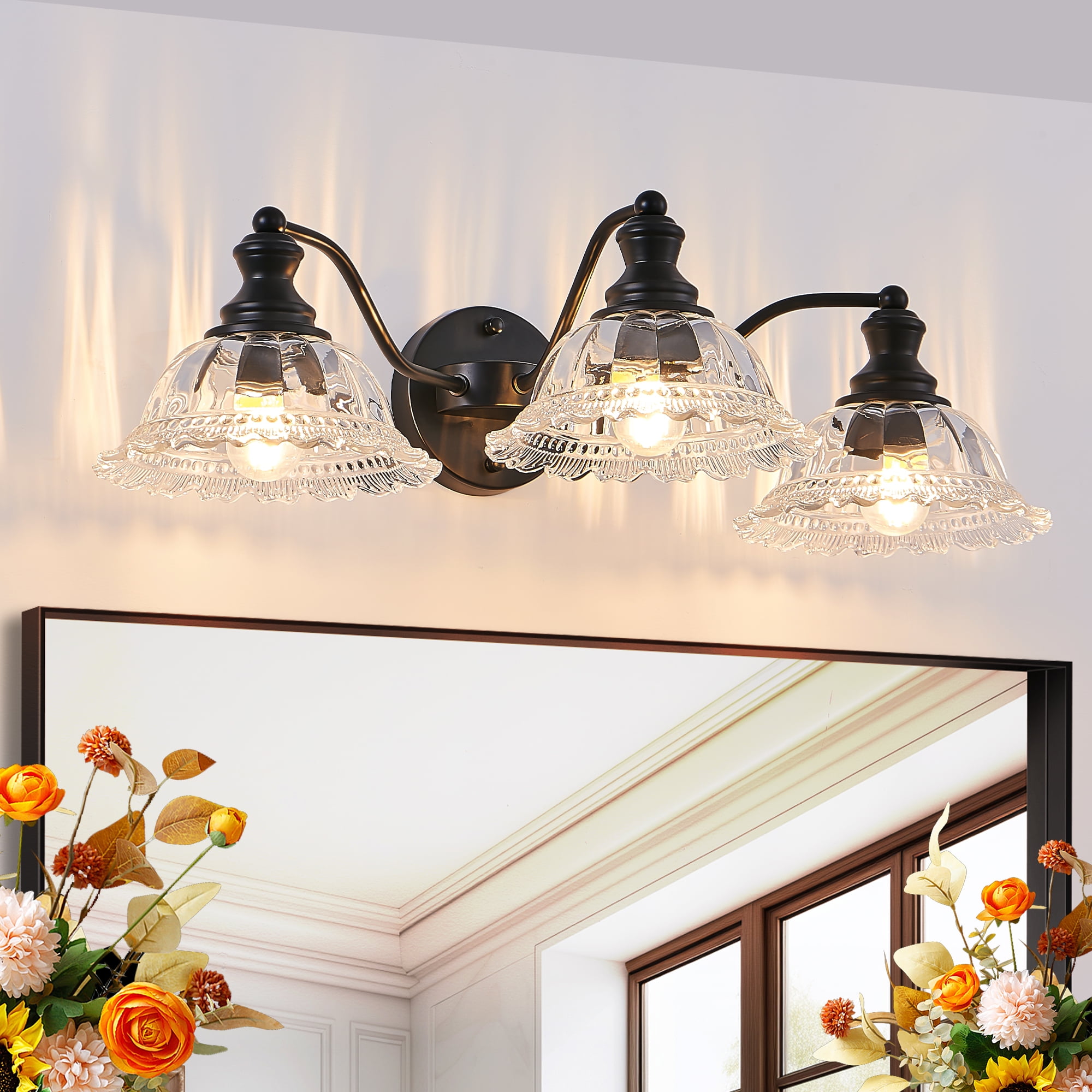 24 Inch 3-Light Vintage Bathroom Wall Sconce – Elegant Black Metal and Glass Lampshade Vanity Light Fixture for Bathroom, Hallway, or Bedroom (Bulb Not Included)