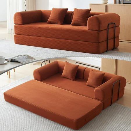 Aukfa 79 Chaise Futon King Size Convertible Sleeper Sofa with Fixed Frame 2 Pillows Corduroy Orange-red