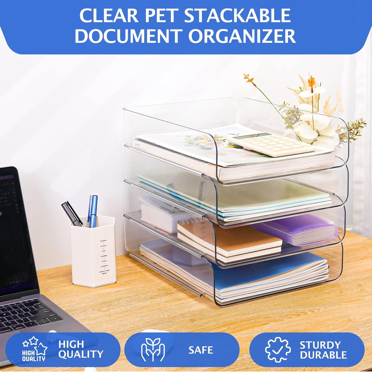 Modular Stackable Desk Organizer, Set of 4 Clear PET Letter Trays for Paper, Documents, Pens & Office Supplies - Space Saving Office Storage