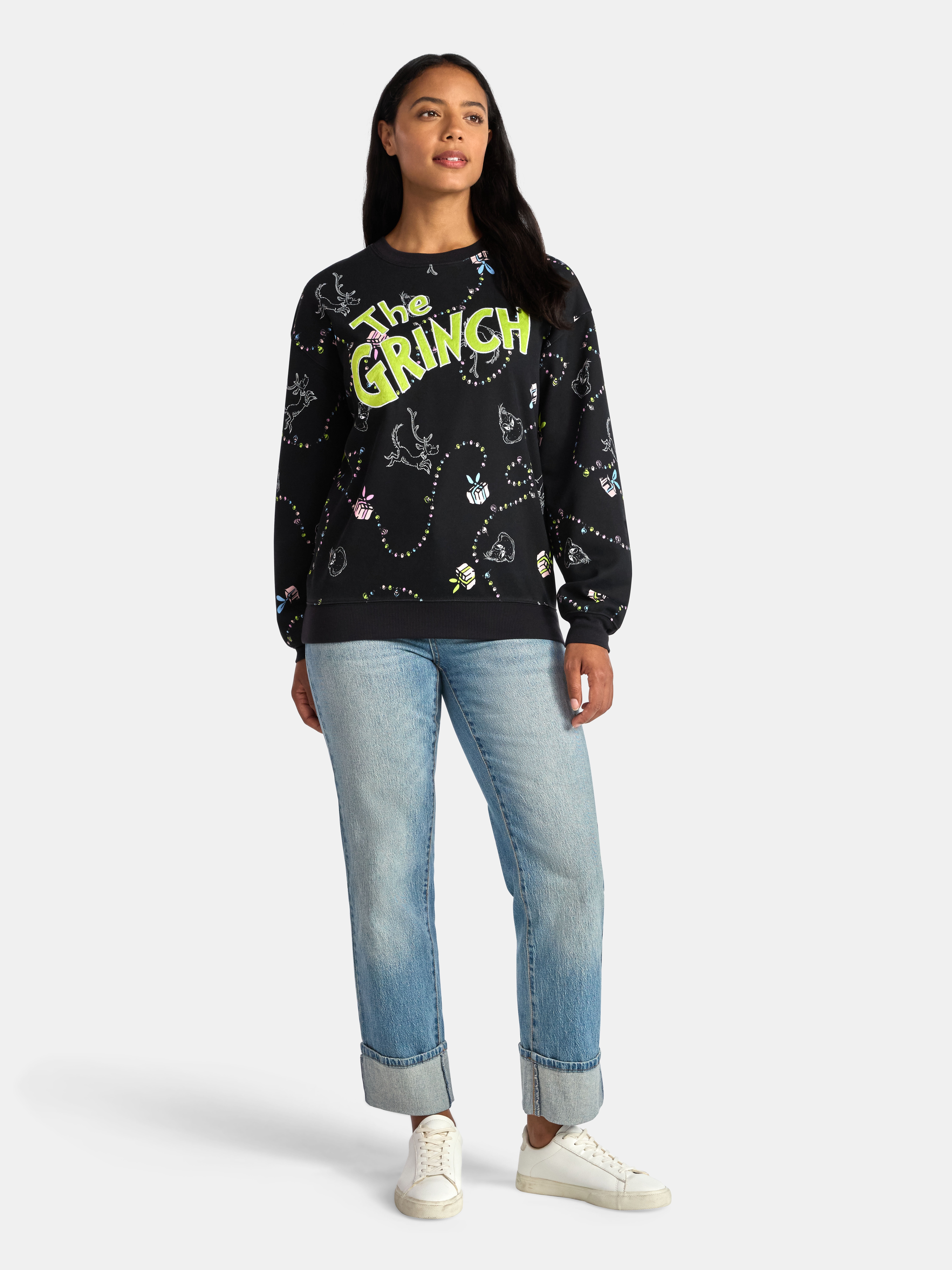 Dr Seuss The Grinch Women's Graphic Print Fleece Sweatshirt with Long Sleeves, Sizes XXS-XXL