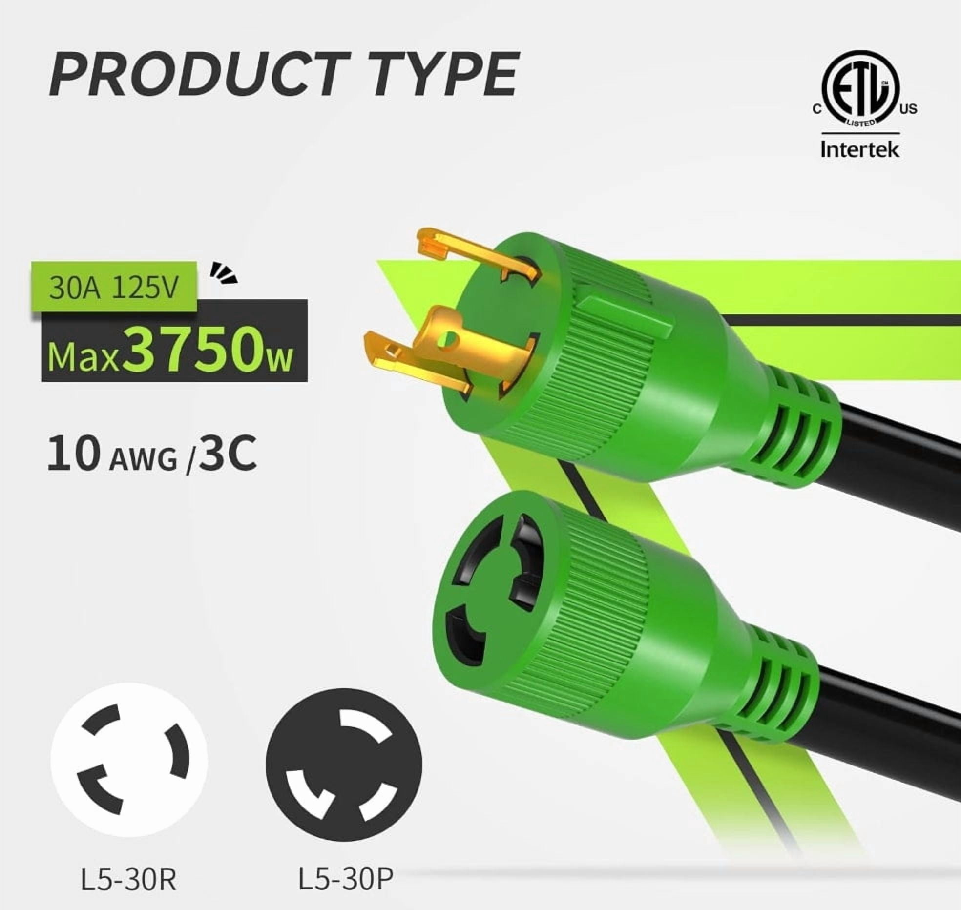 RVMATE 25 ft 30 Amp 125 V 3750 W 3-Prong Generator Extension Cord NEMA L5-30P/L5-30R SJTW Jacket GC33025-RM