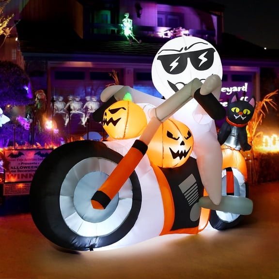 COMIN 6 FT Halloween Inflatables Ghost Outdoor Decorations Blow Up Yard Pumpkin Cat Motorcycle with Built-in LEDs for Indoor Party Garden Lawn Decor