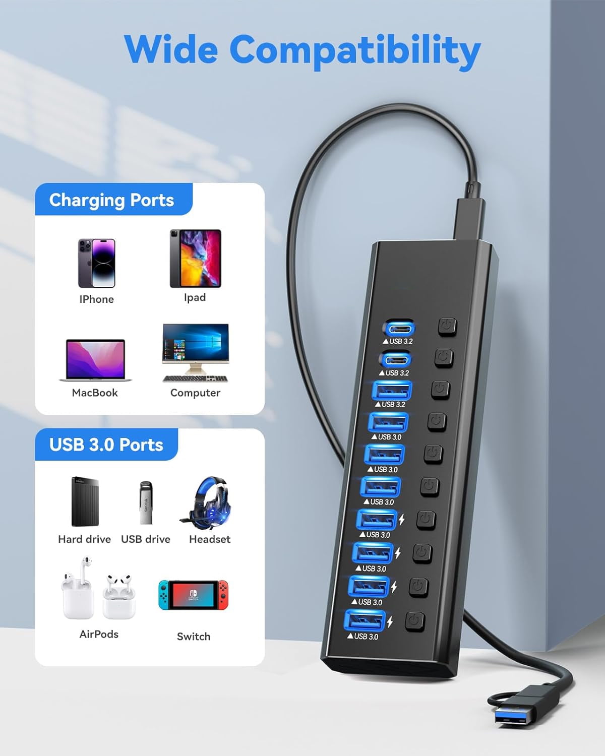 Powered USB Hub 3.2, AUBEAMTO 10-Port USB 3.2/USB C Hub (10Gbps USB-A 3.2 +2 USB-C 3.2 +7 USB 3.0 Ports) with Individual On/Off Switches and 12V Power Adapter, Aluminum USB Hub Powered for Laptop PC