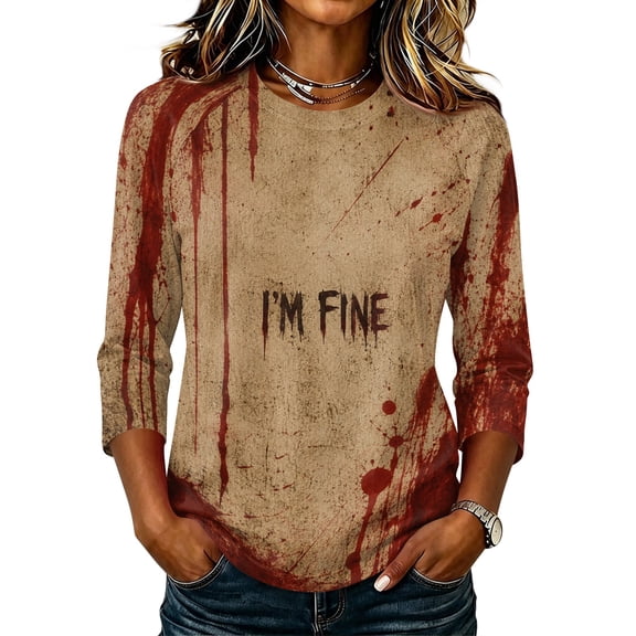 Halloween Shirts Women Funny 3/4 Sleeve T Shirts Horror Halloween Printed Tops Spooky Crew Neck Pullover Holiday Three Quarter Length Blouses, S