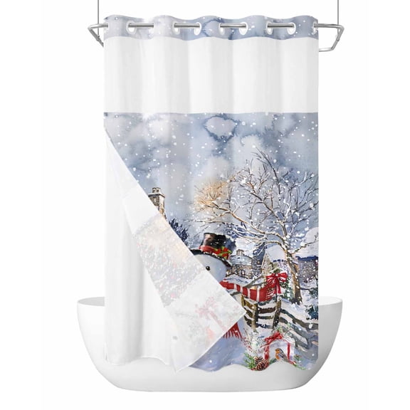 No Hook Shower Curtain with Snap in Liner,Snowman Christmas Tree Farmhouse Waterproof Bath Curtain Double Layers with See Through Top Window, Winter Snow Scene Hotel Shower Curtains 36x72in