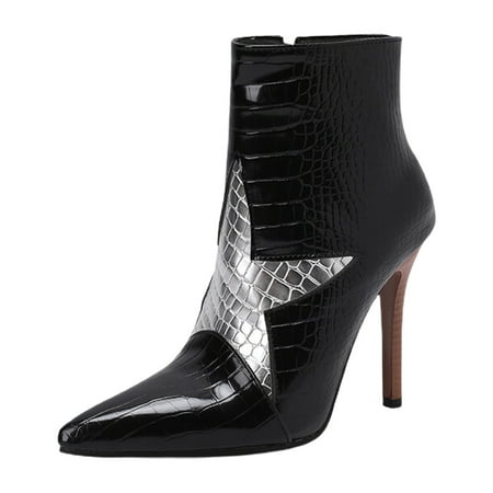 

PMUYBHF Silver Cowboy Boots Ladies Solid Colour Glossy High Heel Fine Heel Star Decoration Colour Blocking Mid Pointed Toe Large Size Boots Ankle Boots Short Boots Single-Pull Lace