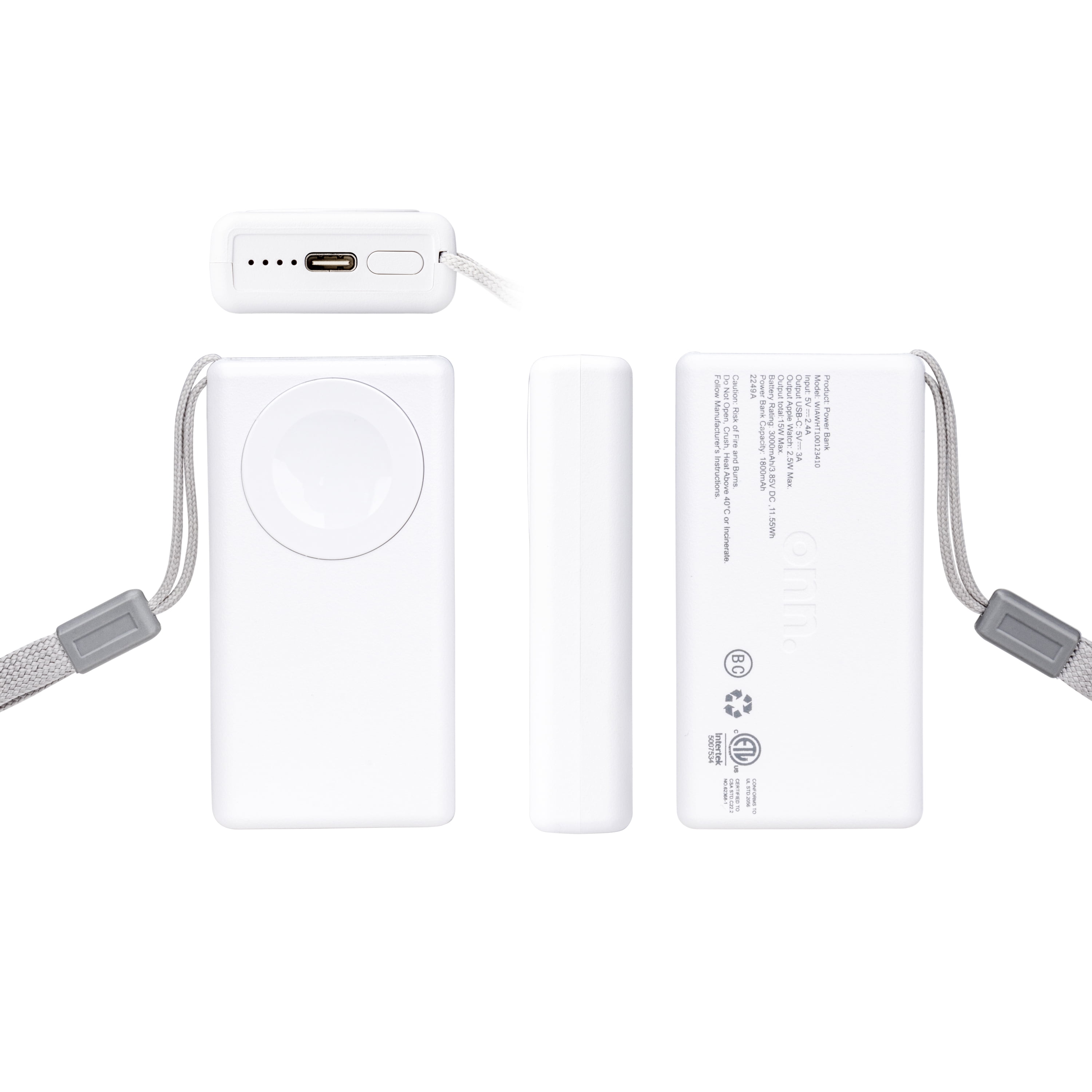 Onn. 3000mAh Apple Watch Power Bank Rated Capacity with 1ft 1 USB to USB C Charging Cable White Walmart