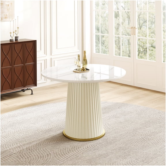 COSMOS Modern Round Dining Table with Glossy Sintered Stone Top and Pleated Leather Pedestal, Adjustable Feet, Elegant White for Dining Room, Kitchen, Office