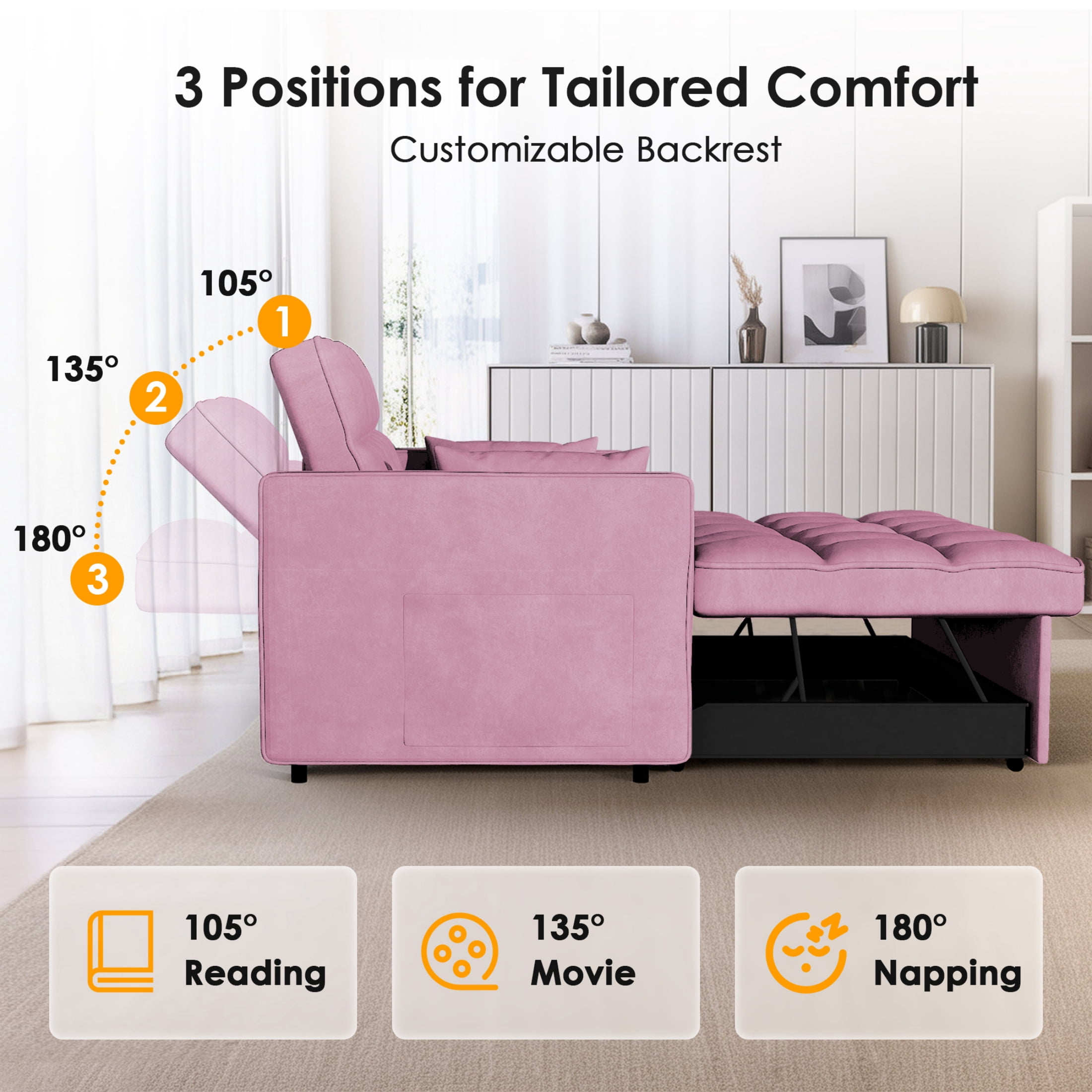 EPOWP Convertible Sofa Bed, 3 in 1 Pull Out Sleeper Loveseat Couch with Storage, Pink