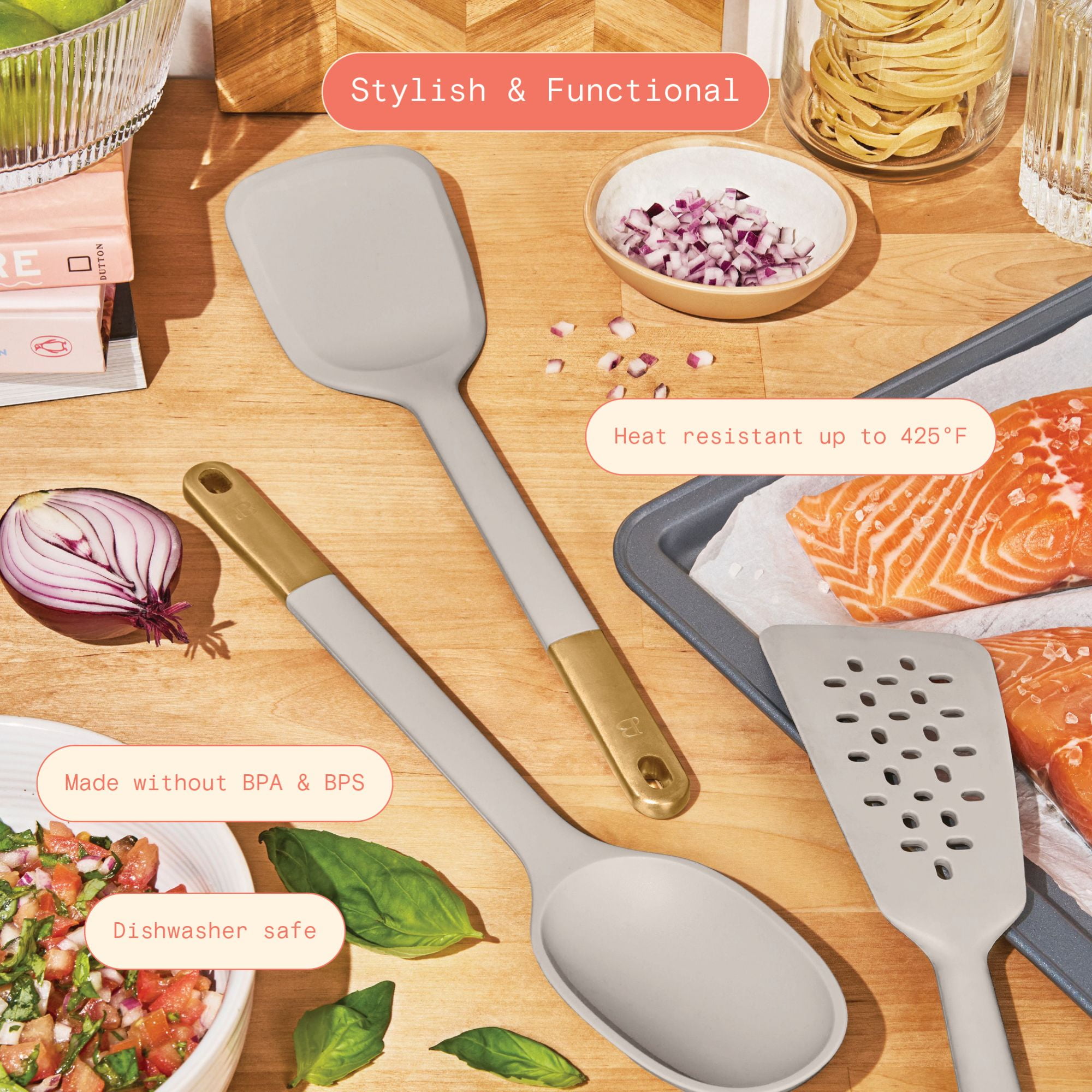 Beautiful 3-Piece Silicone Kitchen Utensil Tool Set, Porcini Taupe by Drew Barrymore